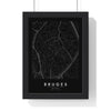 Bruges street map poster in black, minimal city map print framed in a black frame