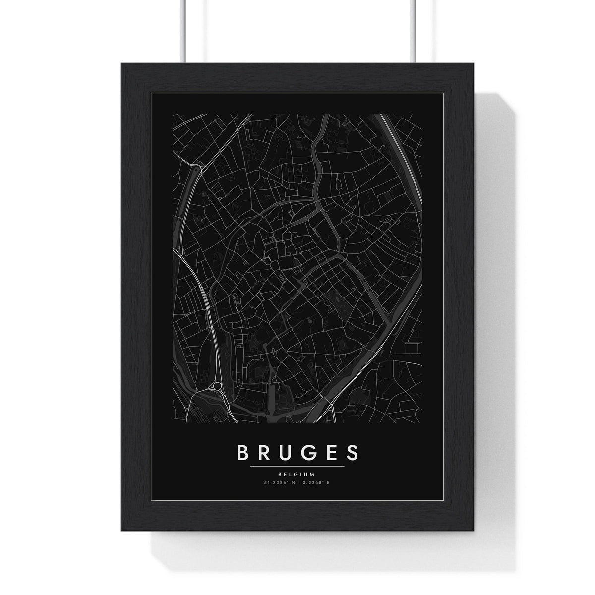 Bruges street map poster in black, minimal city map print framed in a black frame
