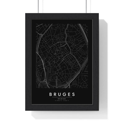 Bruges street map poster in black, minimal city map print framed in a black frame