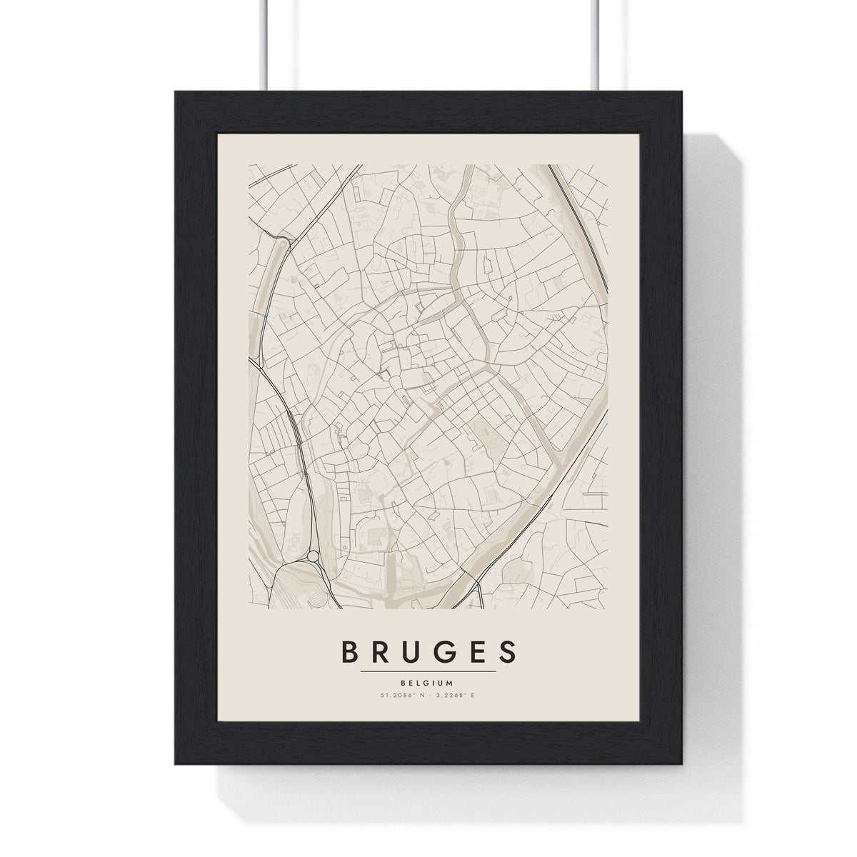 Bruges street map poster in cream, minimal city map print framed in a black frame