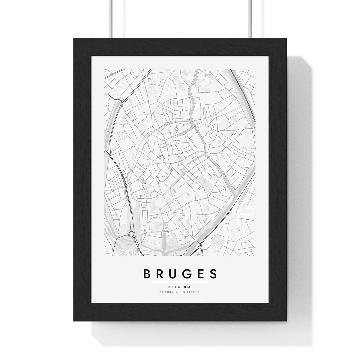 Bruges street map poster in white, minimal city map print framed in a black frame