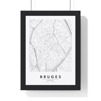 Bruges street map poster in white, minimal city map print framed in a black frame