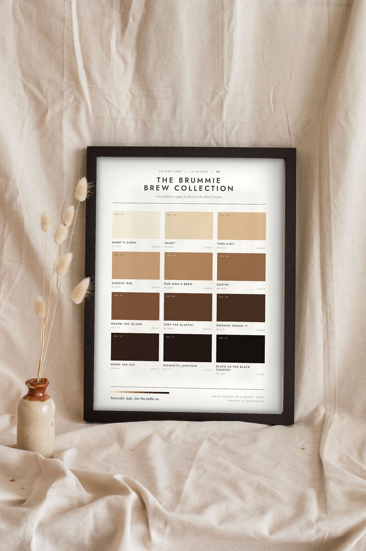 Brummie Brew Colour Chart in a black frame propped up on linen