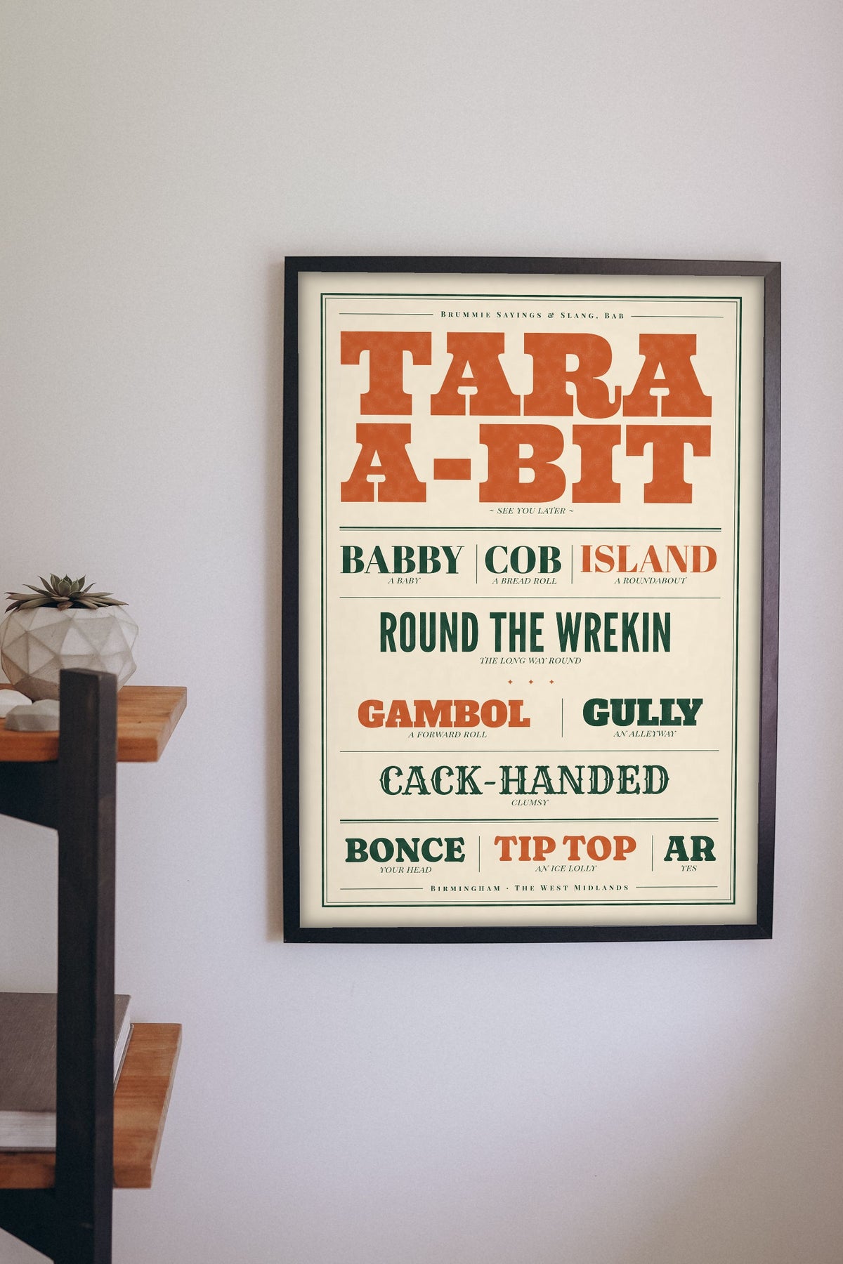 Brummie Sayings Print framed on a wall