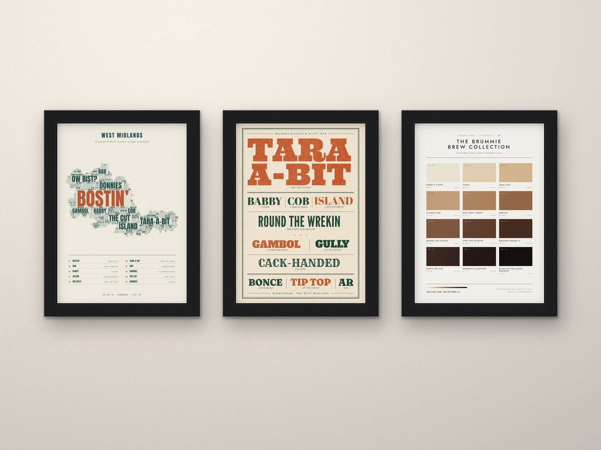 Brummie Sayings Set of 3 Prints framed side by side on a wall
