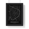Brussels street map poster in black, minimal city map print framed in a black frame