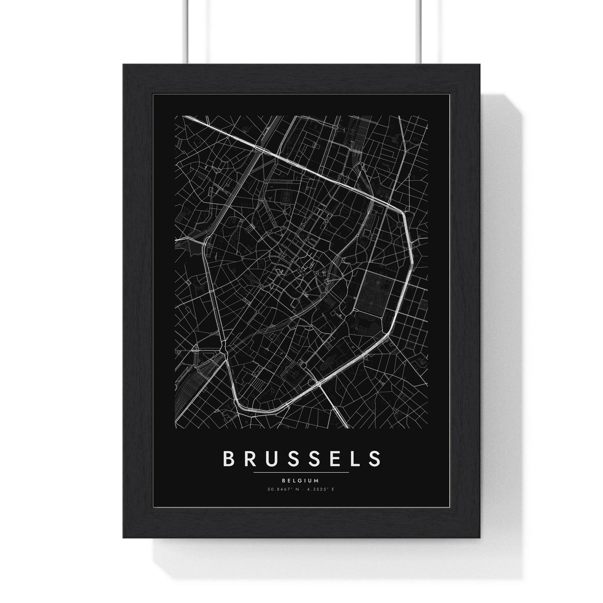 Brussels street map poster in black, minimal city map print framed in a black frame