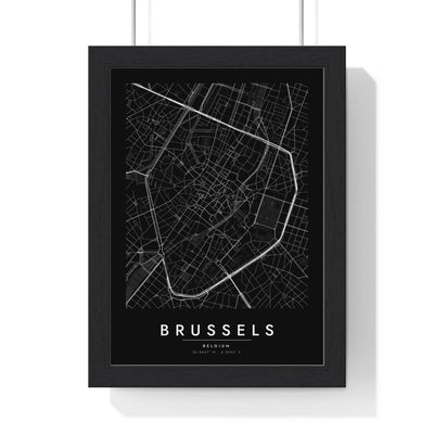 Brussels street map poster in black, minimal city map print framed in a black frame