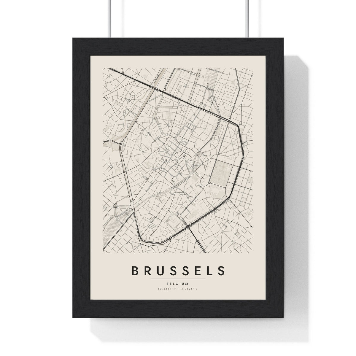 Brussels street map poster in cream, minimal city map print framed in a black frame