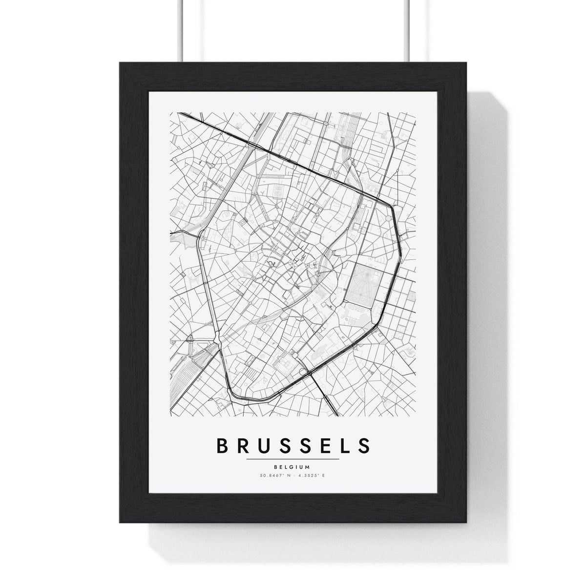 Brussels street map poster in white, minimal city map print framed in a black frame