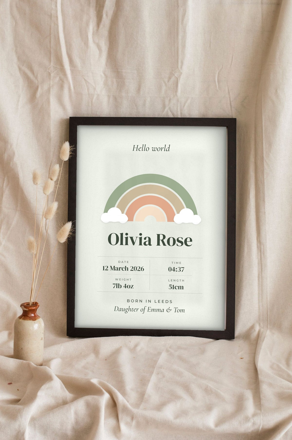 Personalised Baby Birth Stats Print - Lifestyle - leaning in a frame with dried flowers