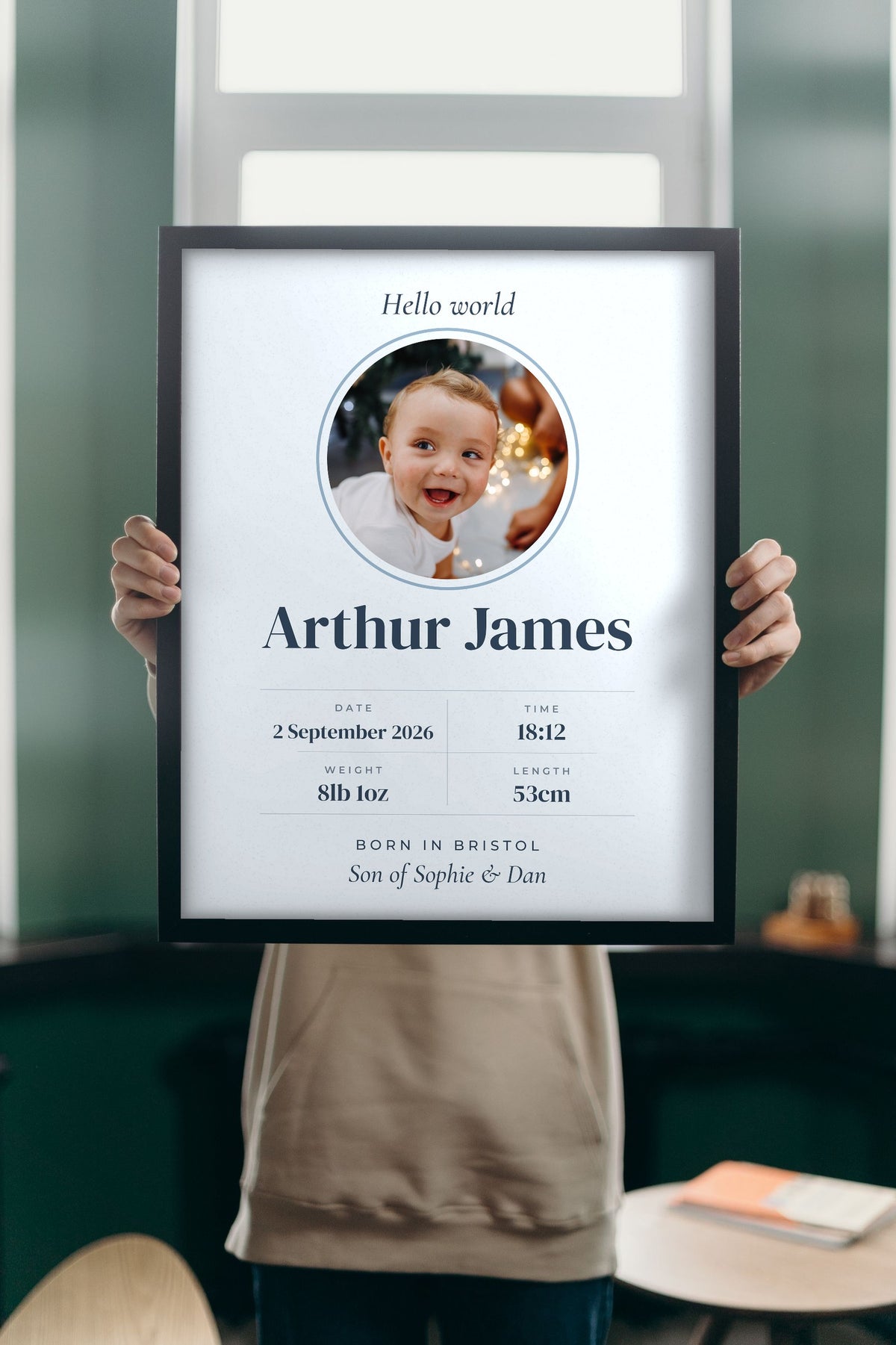Personalised Baby Birth Stats Print - Lifestyle - held up in a bright room