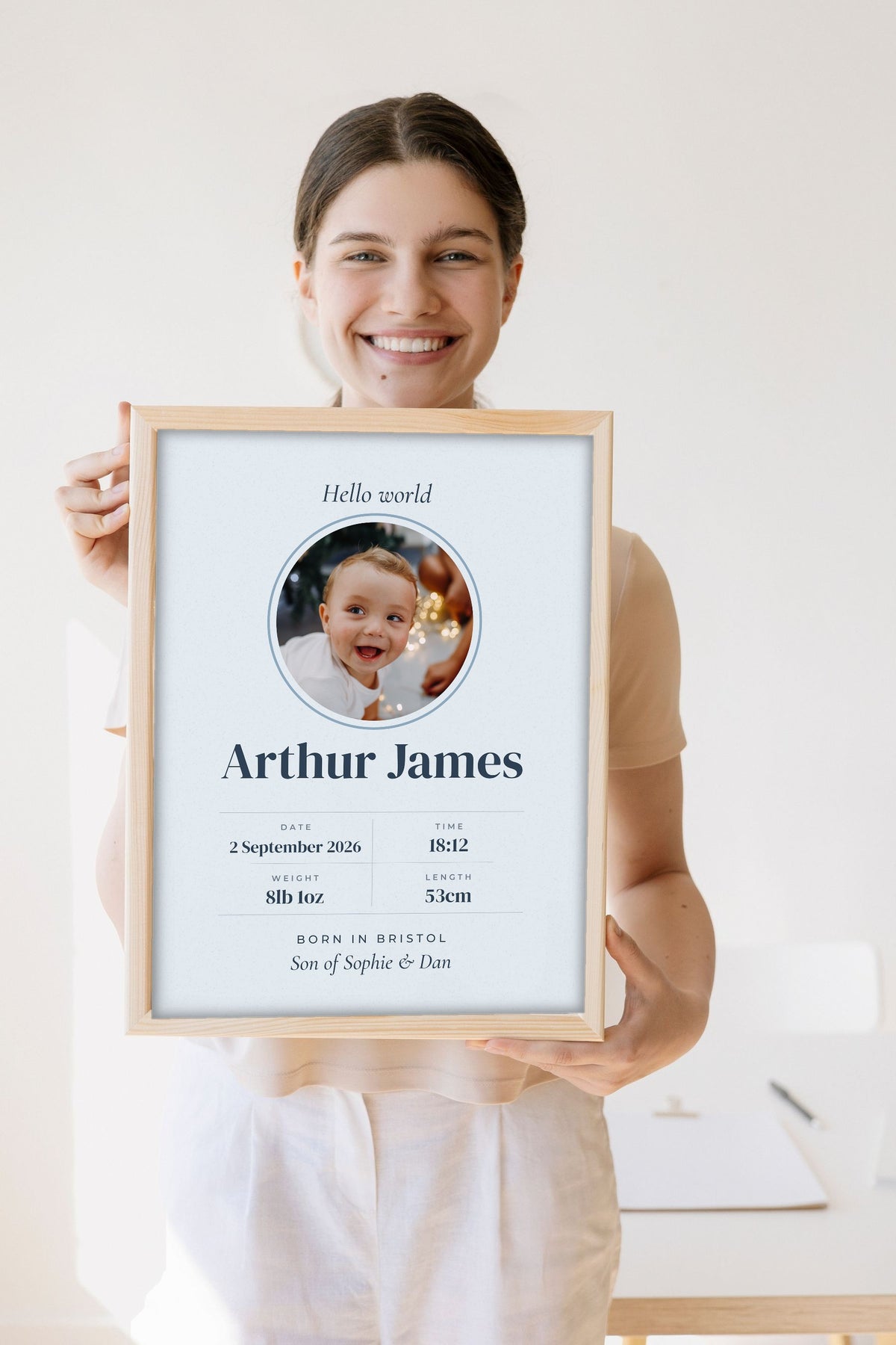 Personalised Baby Birth Stats Print - Lifestyle - held by a smiling woman
