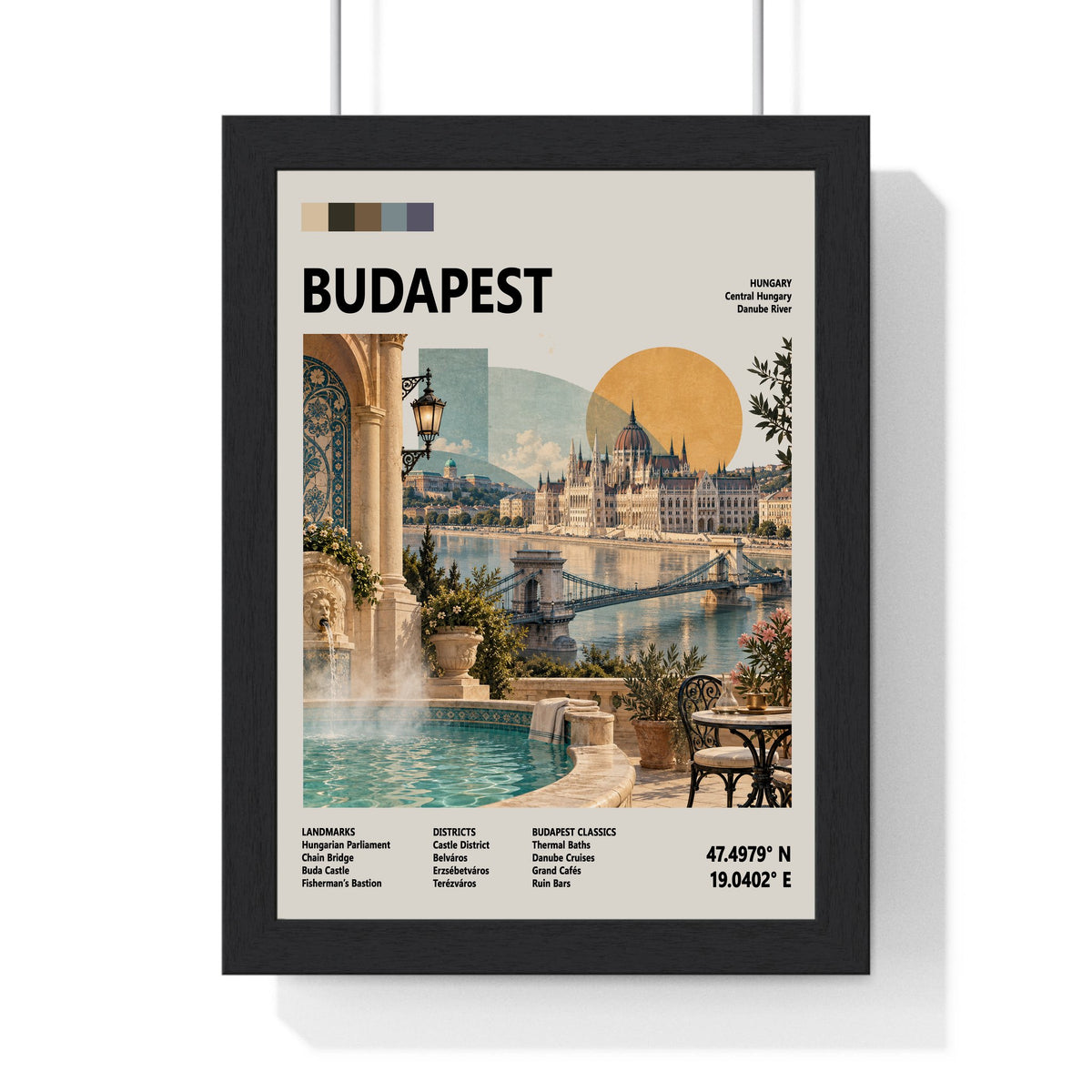 Budapest Mid Century Travel print framed in a black frame, ready to hang