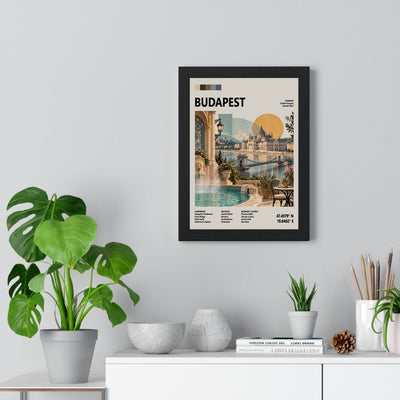 Budapest Mid Century Travel print framed on a living room wall