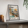 Budapest Mid Century Travel print framed and leaning on a sideboard