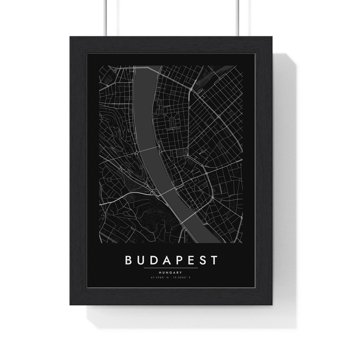 Budapest street map poster in black, minimal city map print framed in a black frame