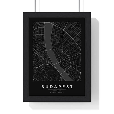 Budapest street map poster in black, minimal city map print framed in a black frame