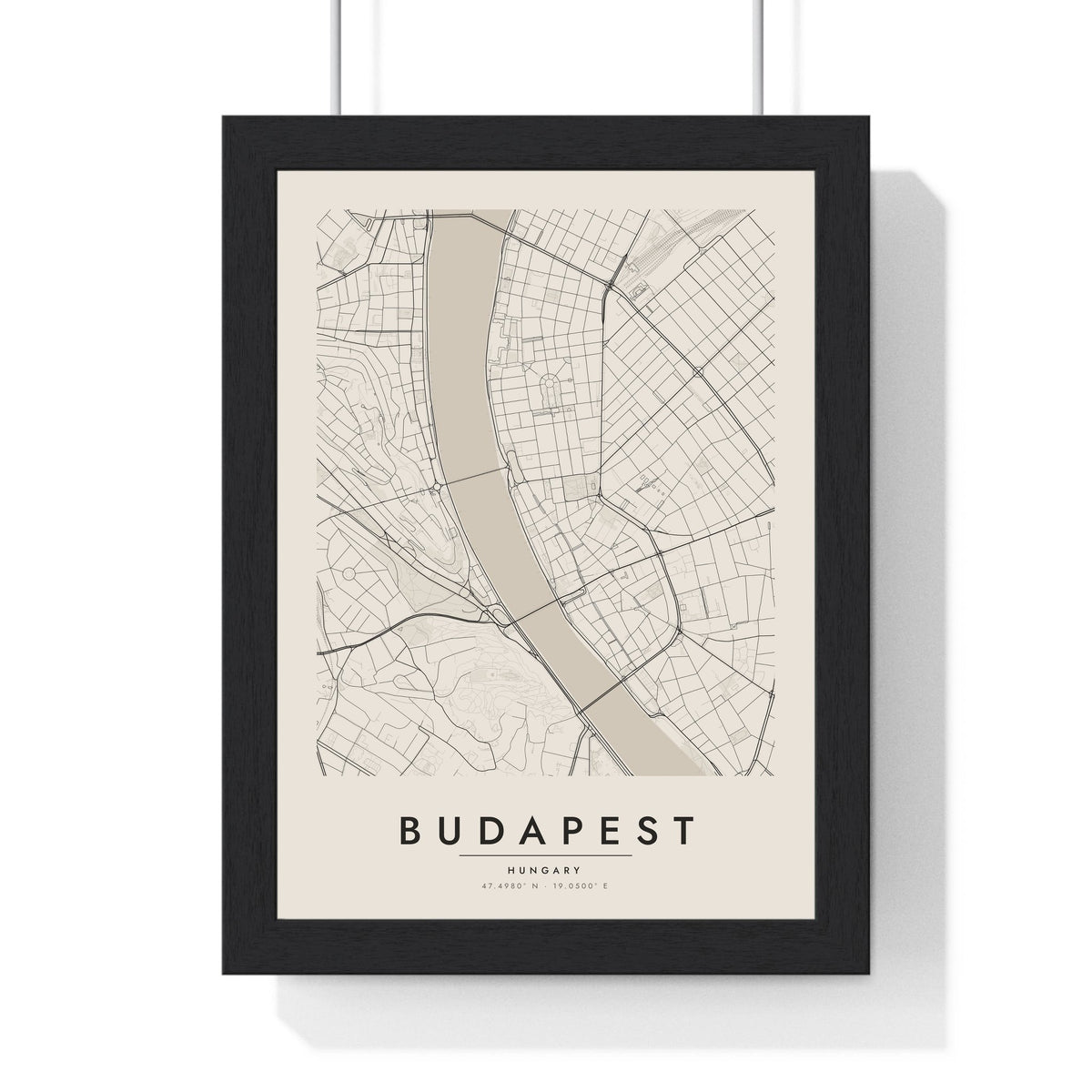 Budapest street map poster in cream, minimal city map print framed in a black frame