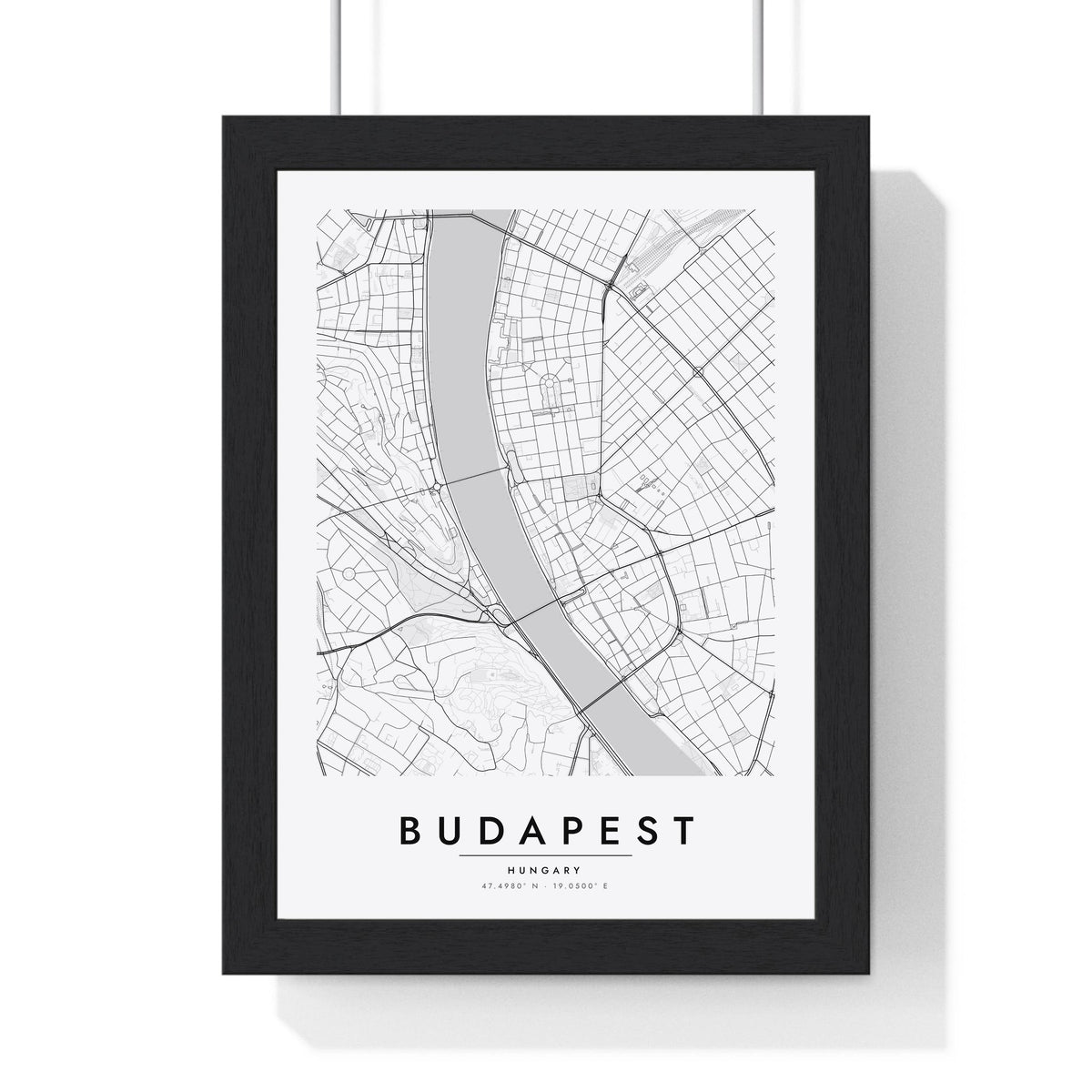 Budapest street map poster in white, minimal city map print framed in a black frame
