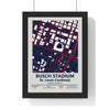 Busch Stadium map print framed in a black frame, ready to hang