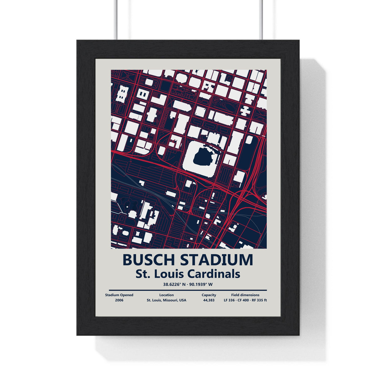Busch Stadium map print framed in a black frame, ready to hang