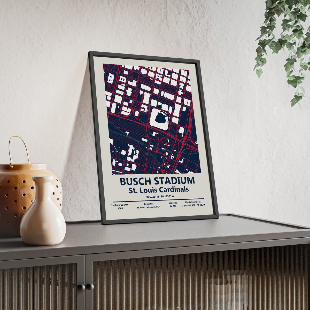 Busch Stadium map print framed and leaning on a sideboard
