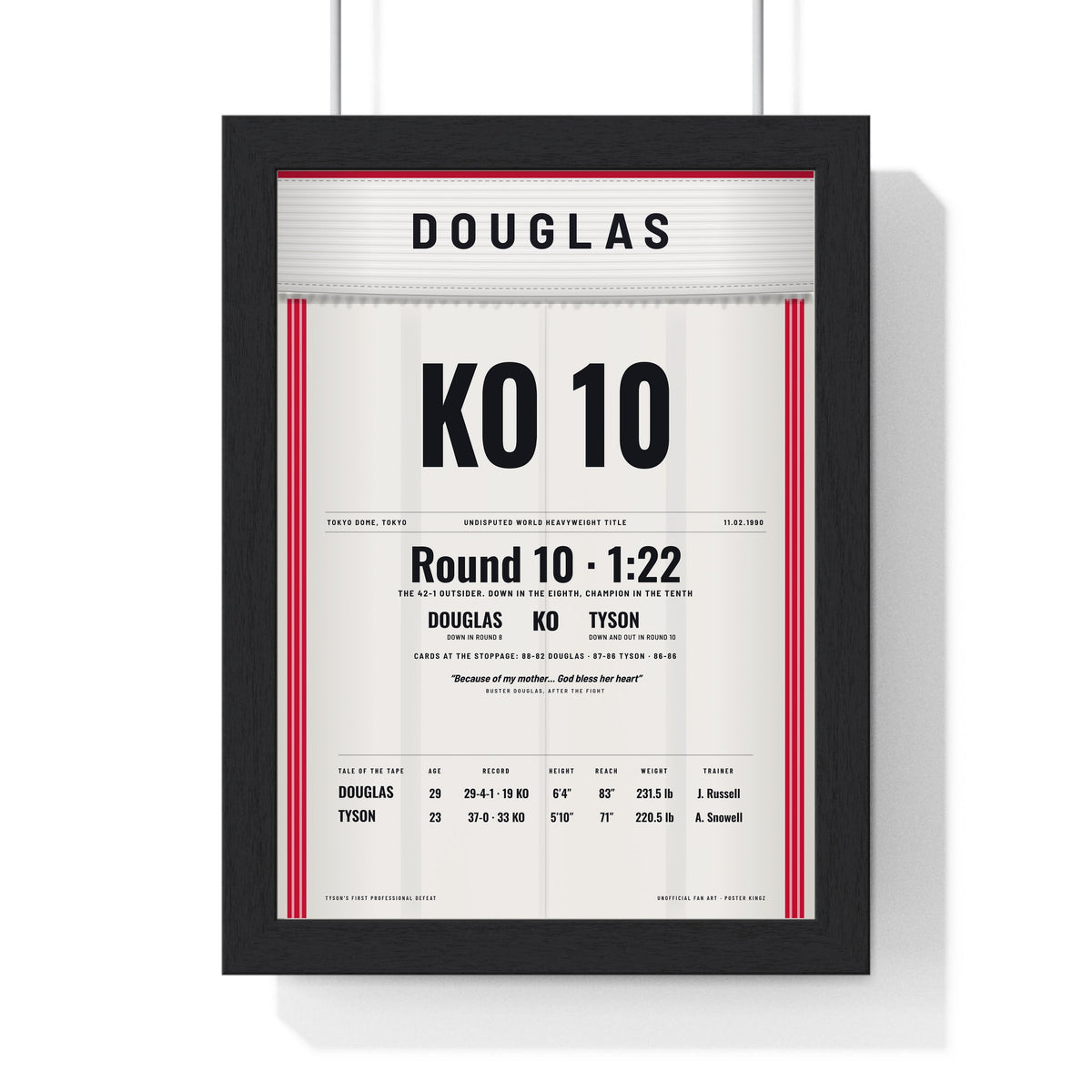 Douglas v Tyson 1990 Boxing Poster framed in a black frame, ready to hang