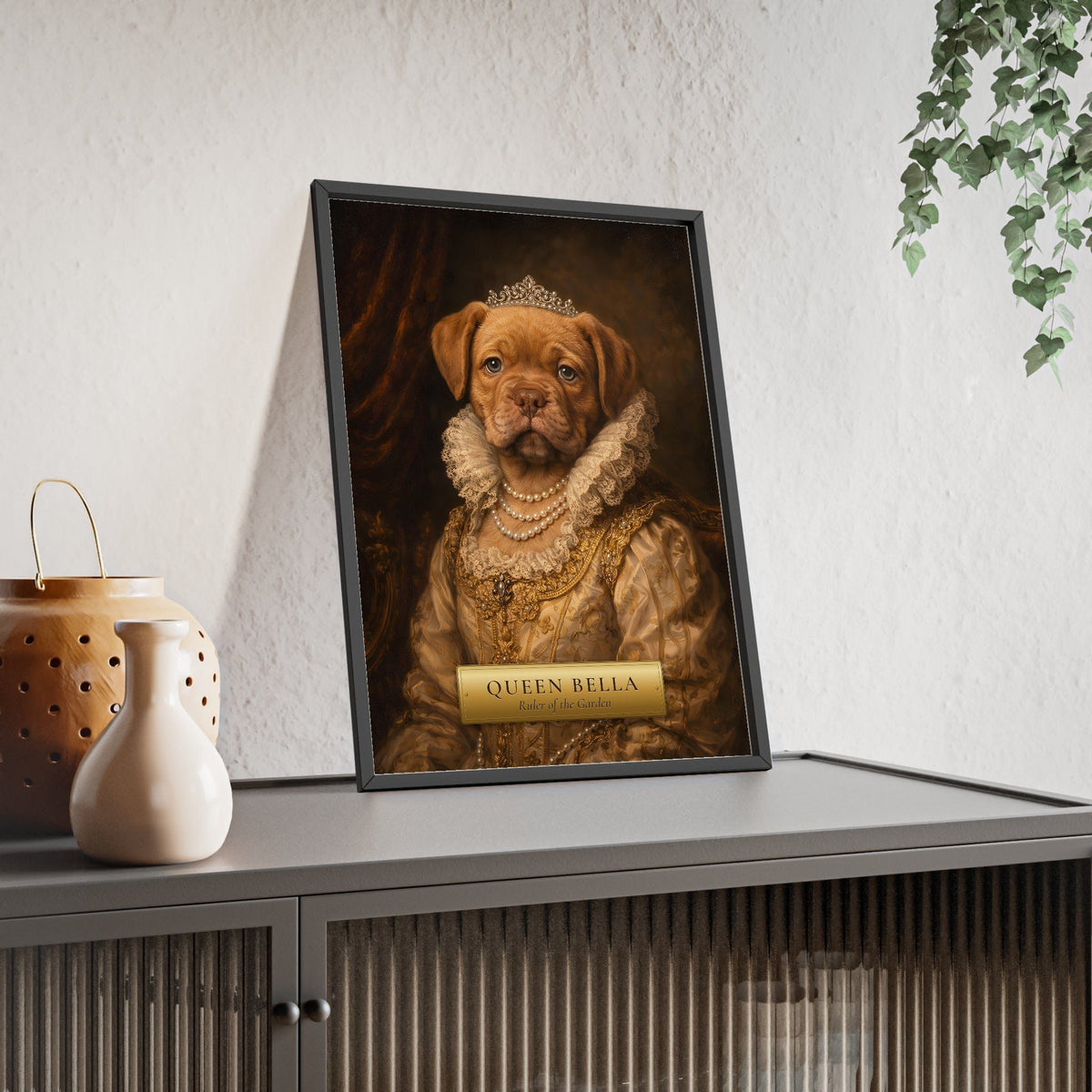Royal pet portrait from photo: a puppy painted as a queen with pearls, lace ruff and tiara, Renaissance oil painting style print with gold name plaque, framed