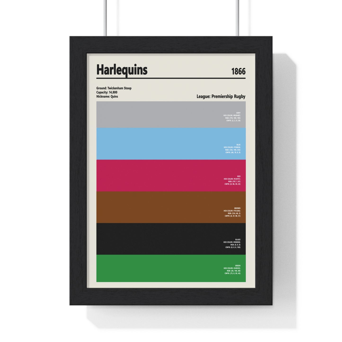 Harlequins colour swatch poster featuring iconic Quins palette