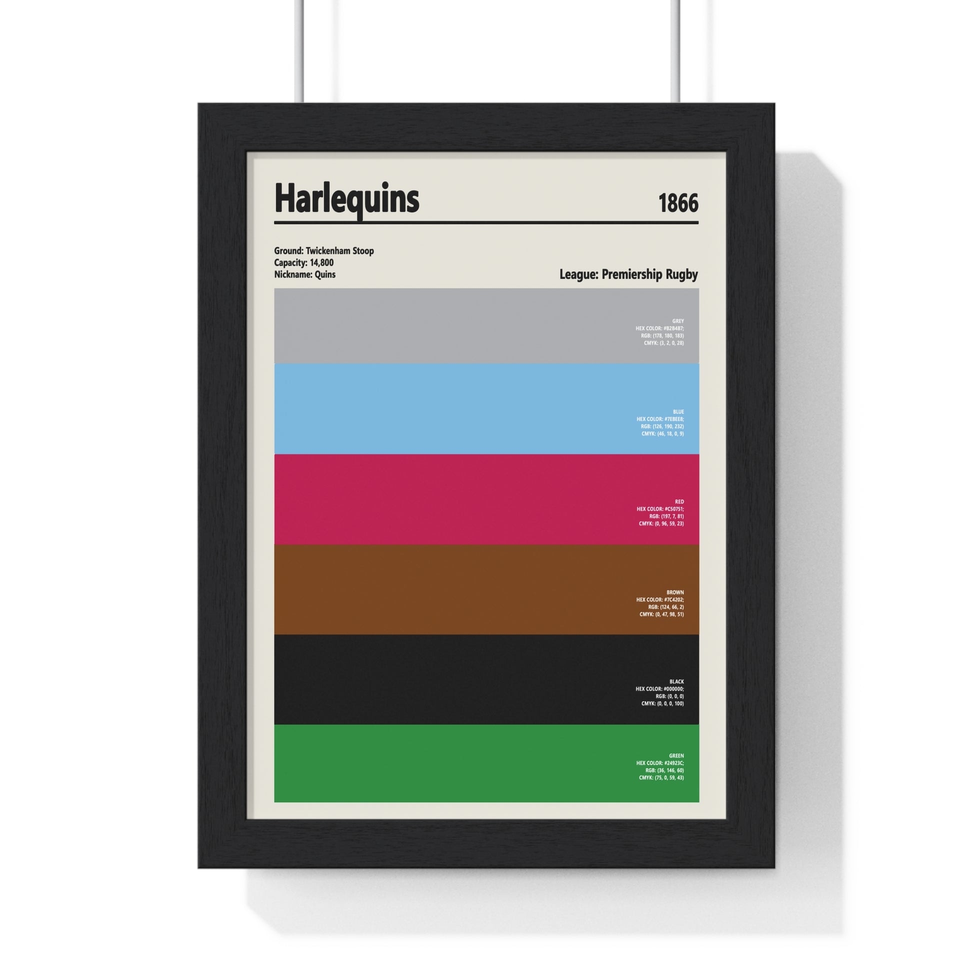 Harlequins colour swatch poster featuring iconic Quins palette