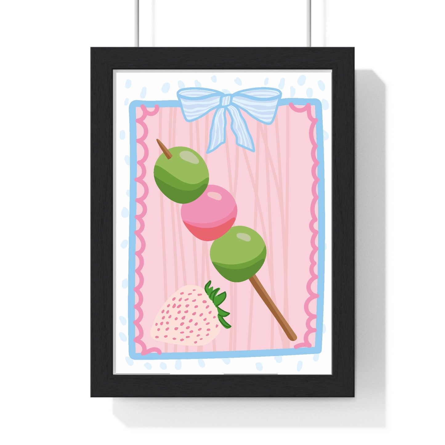 Matcha Hanami Dango poster in black wood frame showing Japanese-inspired matcha and dango illustration