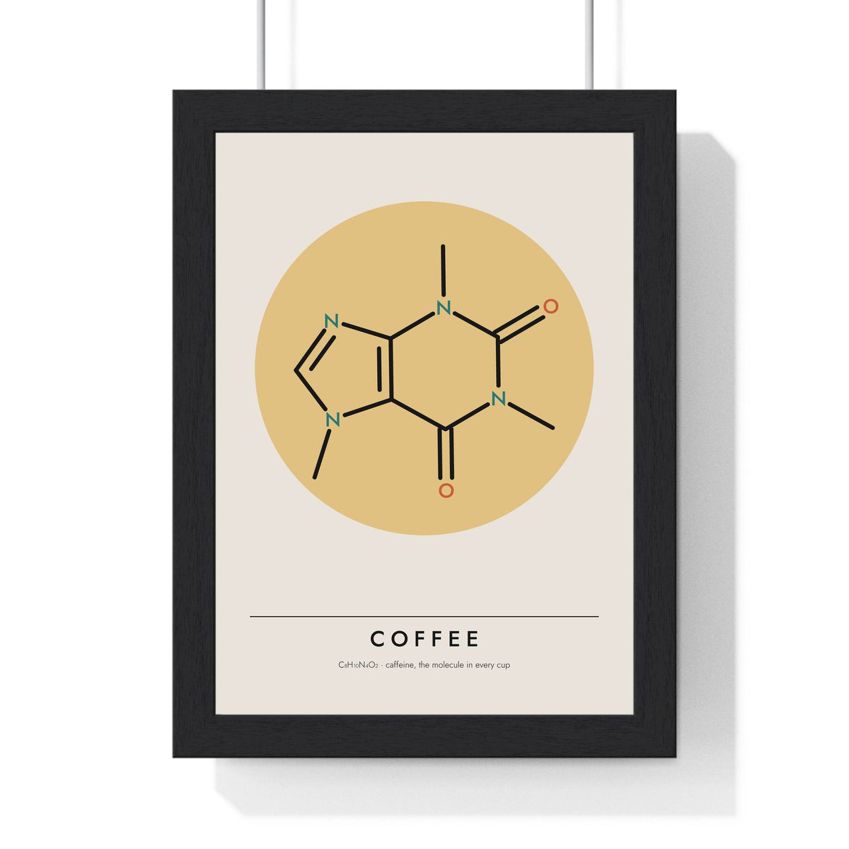 Caffeine Molecule print framed in a black frame, ready to hang