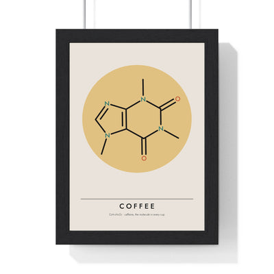 Caffeine Molecule print framed in a black frame, ready to hang