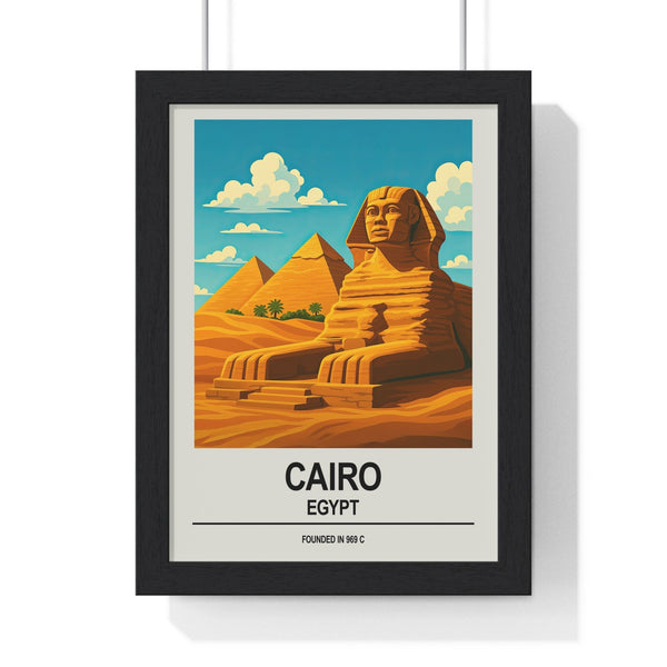 Cairo Egypt travel poster featuring the Great Sphinx and Pyramids of Giza, vintage-style wall art print framed on wall