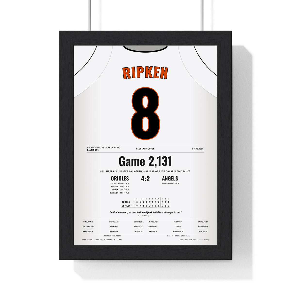 Cal Ripken Jr. 1995 2,131st Consecutive Game Poster - Baltimore Orioles 8 Jersey Print framed in a black frame, ready to hang