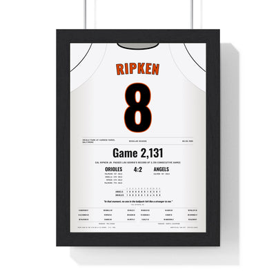 Cal Ripken Jr. 1995 2,131st Consecutive Game Poster - Baltimore Orioles 8 Jersey Print framed in a black frame, ready to hang
