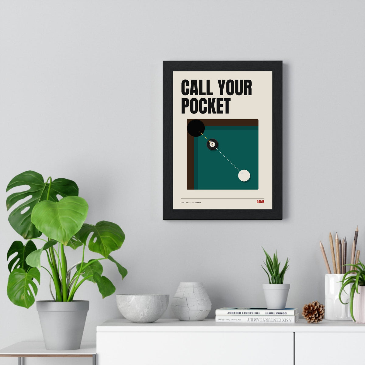 Call Your Pocket Pool print framed on a living room wall