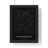 Cambridge street map poster in black, minimal city map print framed in a black frame