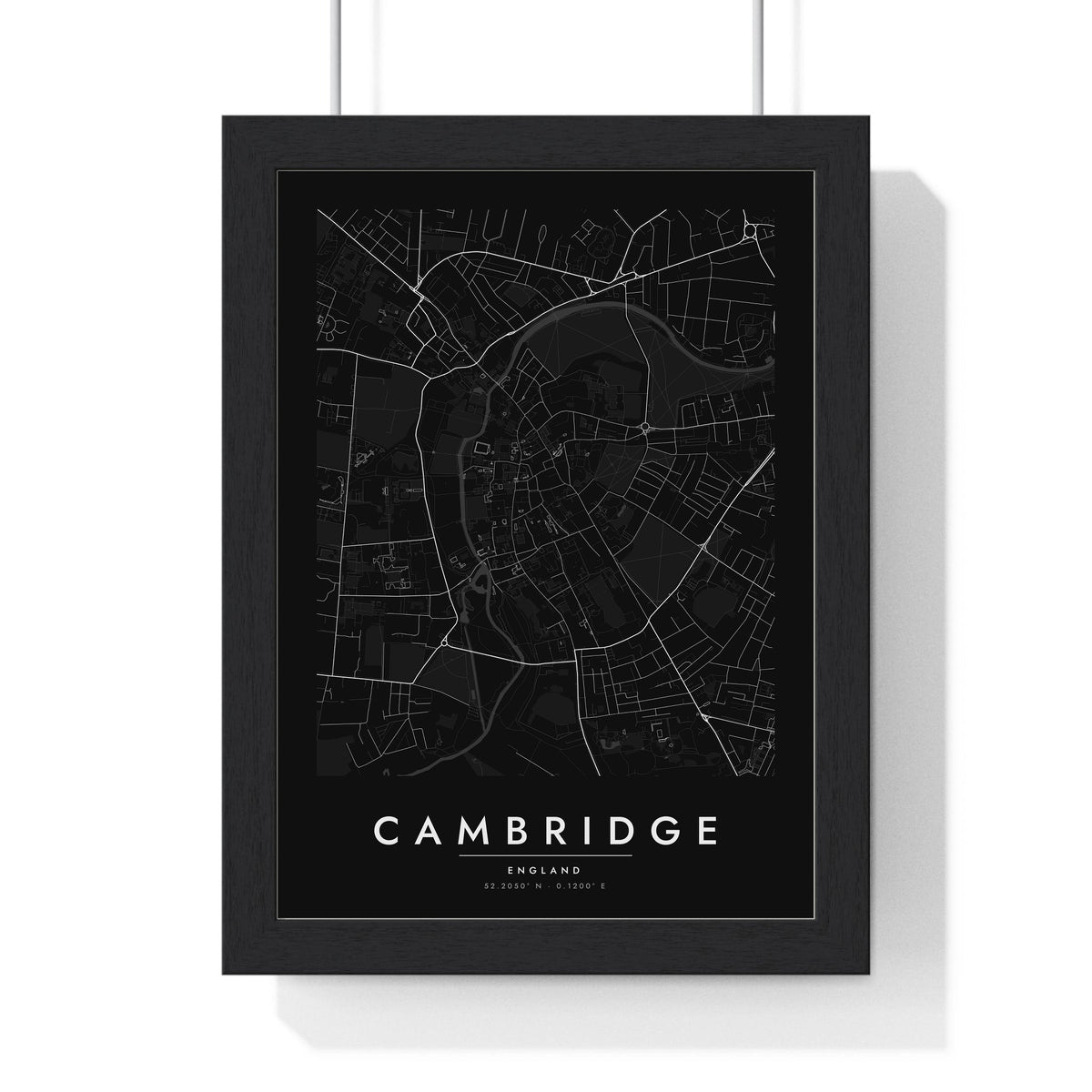 Cambridge street map poster in black, minimal city map print framed in a black frame
