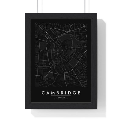 Cambridge street map poster in black, minimal city map print framed in a black frame