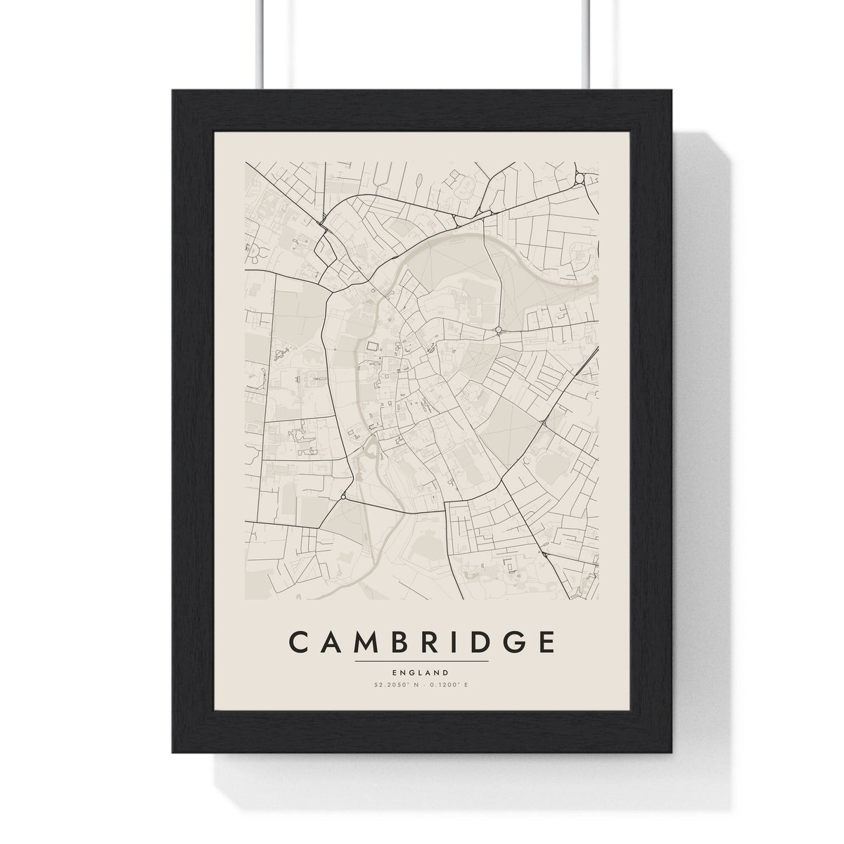 Cambridge street map poster in cream, minimal city map print framed in a black frame