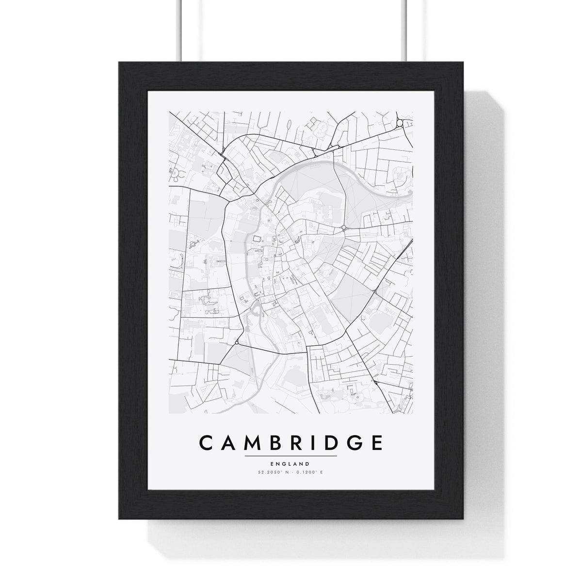 Cambridge street map poster in white, minimal city map print framed in a black frame