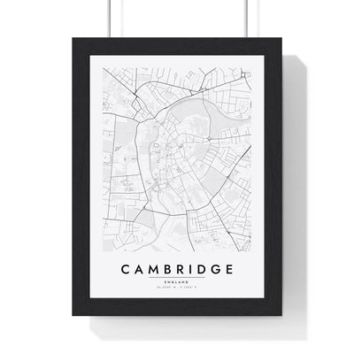 Cambridge street map poster in white, minimal city map print framed in a black frame