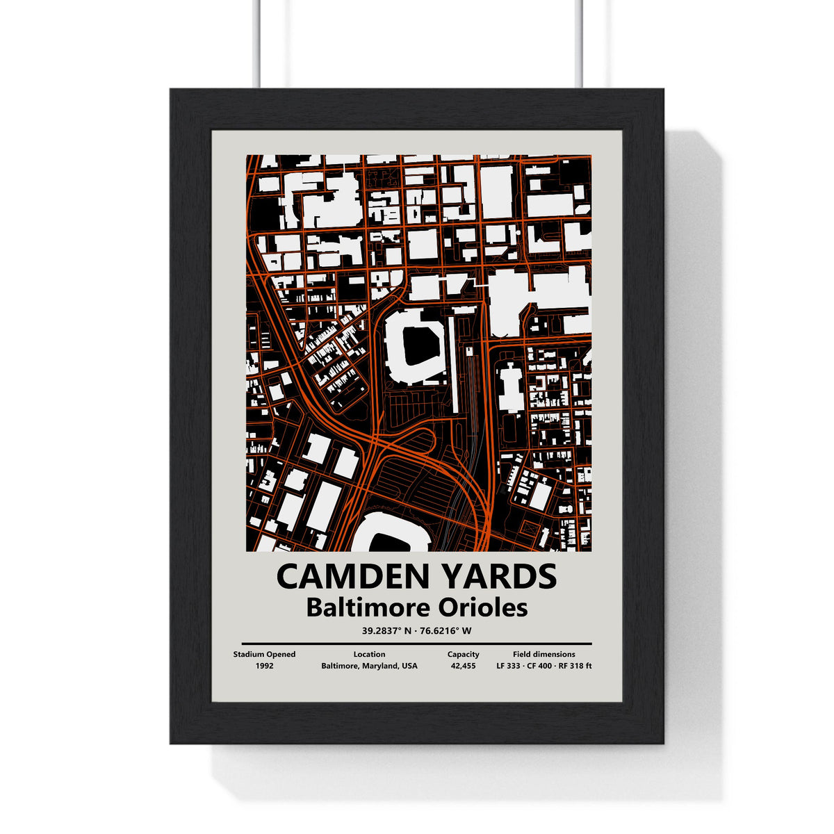 Camden Yards map print framed in a black frame, ready to hang