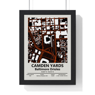 Camden Yards map print framed in a black frame, ready to hang