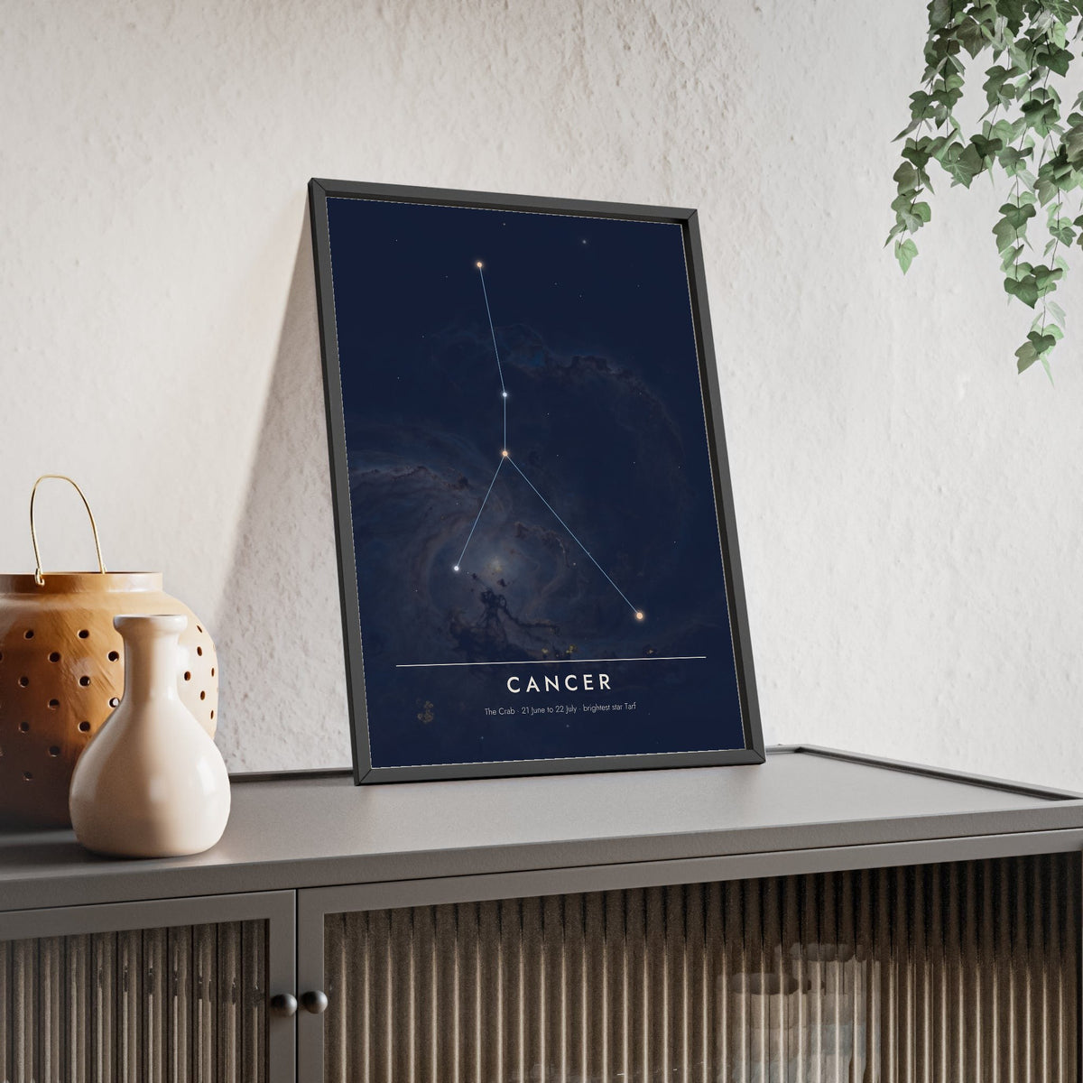 Cancer Constellation print framed and leaning on a sideboard