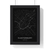 Canterbury street map poster in black, minimal city map print framed in a black frame