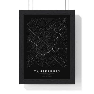 Canterbury street map poster in black, minimal city map print framed in a black frame