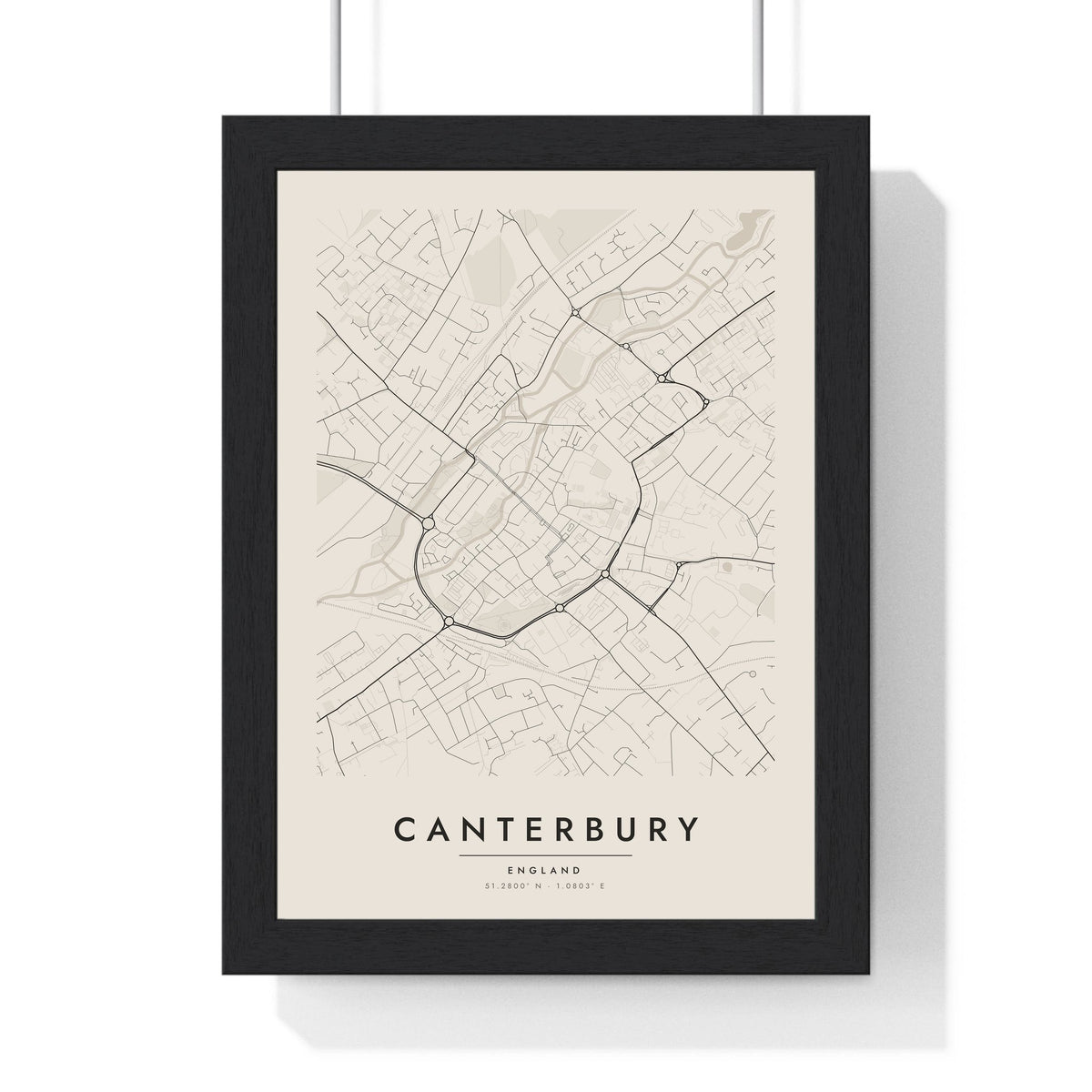 Canterbury street map poster in cream, minimal city map print framed in a black frame